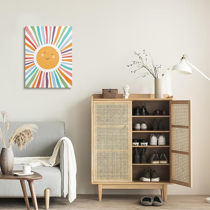 XWELLDAN Cute Cartoon Smiling Sun Cheerful Nursery Wall Art Canvas Prints,Watercolor Boho Neutral Sun Sunshine Wall Art Decor for Kids Baby Bedroom Nursery Playroom, 11 x 14 Inch（multi color）