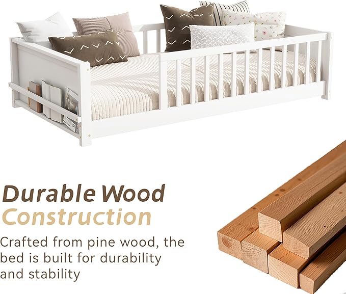 Twin Toddler Floor Bed with High Rails, Wooden Montessori Bed Frame with Built-in Book Rack, Twin Size Bed Frame for Kids, Boys and Girls, White