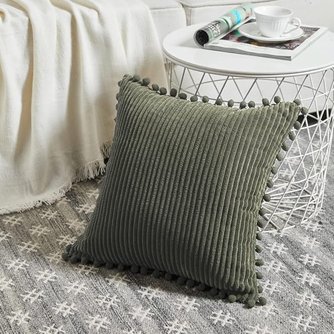 Fancy Homi Pack of 2 Olive Green Decorative Throw Pillow Covers 20x20 Inch with Pom-poms for Couch Bed Living Room, Soft Corduroy Solid Square Cushion Case 50x50 cm, Farmhouse Boho Home Decor