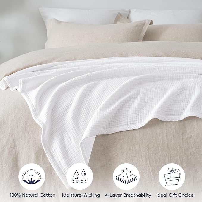 PHF 100% Cotton Muslin Throw XL Blanket Large 50" x 70", 4-Layer Lightweight Gauze Throw, Breathable Cloud-Soft Minimalist Blanket for Bed, Couch, Camping & Baby, White, Ideal Gift