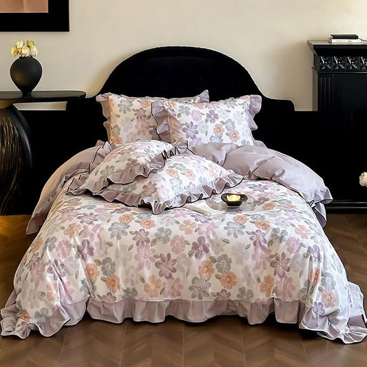 HighBuy Purple Floral Duvet Cover Twin XL Ruffle Lace Design,Premium Brushed Cotton Coquette Rose Floral Comforter Cover Set for College,Farmhouse Bedding Set with 2 Pillowcases