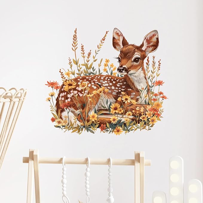 Cute Sitting Sika Deer with Flower Wall Decal Nursery Fawn Woodland Animal Wall Sticker Removable Peel and Stick Wall Art Decor for Kid Baby Classroom Preschool Living Room Bedroom School