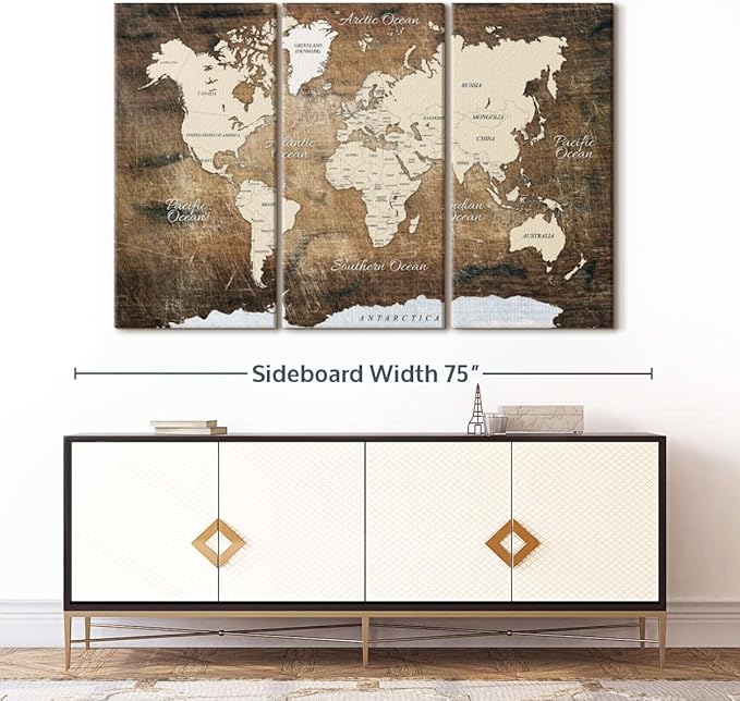 ElephantStock Aged Brown World Map I Wall Art - 3 Piece Canvas World Map Wall Decor - Ready-to-Hang Canvas Print - Vintage Wall Art - 65" X 42"