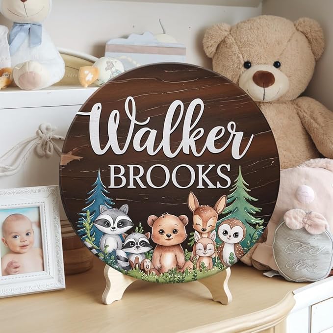 Personalized Name for Nursery Wall, Raccoon Bear Fox Sign for Baby Door Decor, Newborn Gifts for Girl, Girls Nursery Wall Bedroom Decorations, Mother's Day Gifts for New Mom Dad Gift