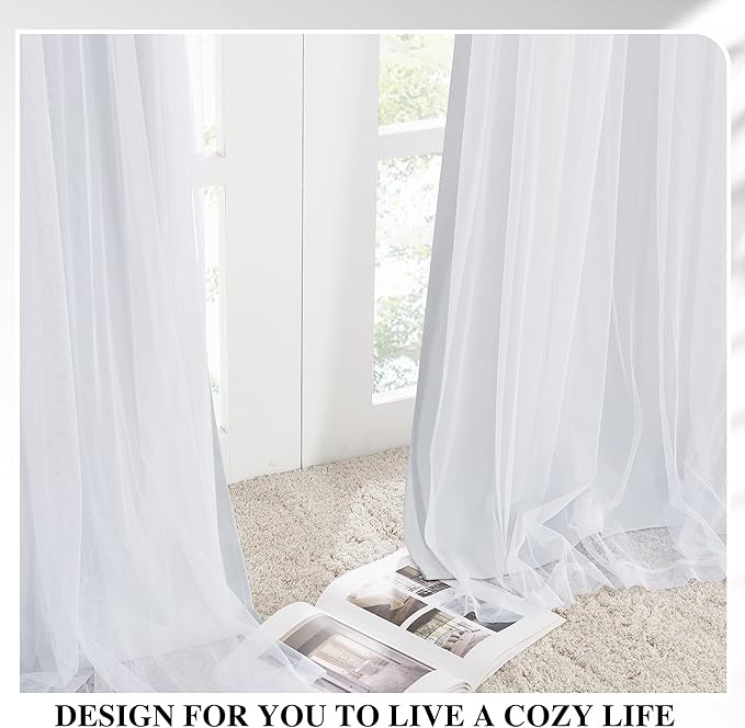 PONY DANCE White Blackout Curtains with Sheer - Curtains 63 Inches Long Grommet Top Window Panels Light Blocking Draperies for Bedroom with Extra Tie-Backs (52 inch Wide, Greyish White, 2 PCs)