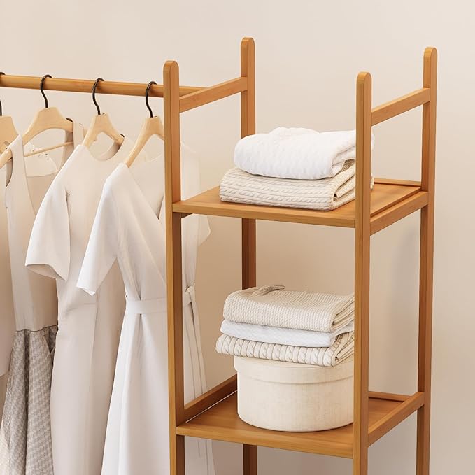 Bamboo Clothes Rack,Garment Rack with Drawers and Shelves,5 Tier Storage Shelves with 6 Hanging Hooks,Wardrobe Closet for Entryway Guestroom Kids Bedroom (31.5inch Width Natural with Rattan Door)
