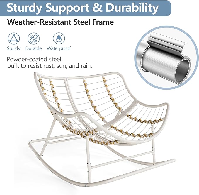 SWITTE Outdoor Papasan Rocking Chair, Oversized Egg Lounge Chair with Thick Cushion, Supports 450 lbs, Comfy Rocker for Patio, Balcony, Porch, or Indoor Living Room-Cream