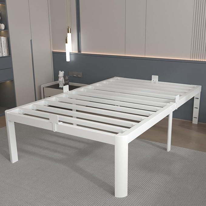 16 Inch Twin Bed Frames, White Twin Metal Bed Frame with Anti-Slip Baffles, No Box Spring Needed, Heavy Duty Steel Platform Supprt, Rounded Corner Legs, Noiseless, Reserved Holes, Storage Space