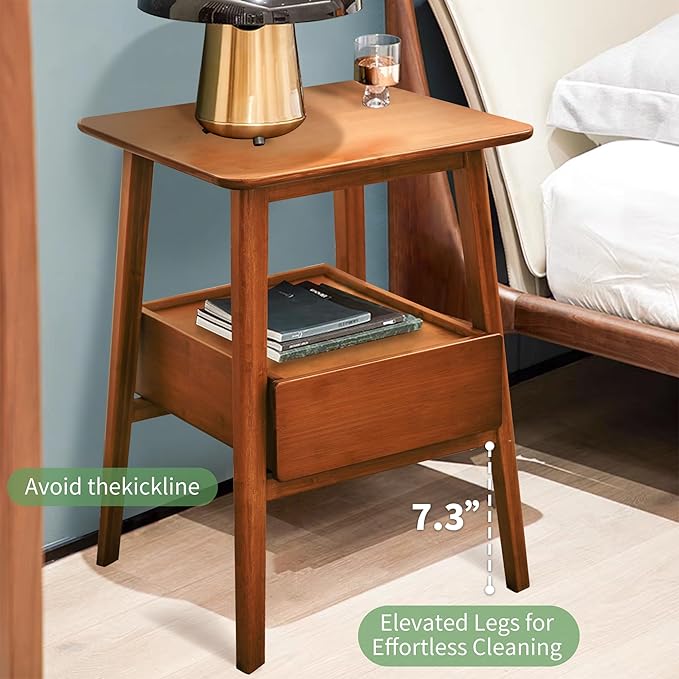 Fluted Nightstand with Drawer – Tall Solid Bamboo Bedside Table with Open Shelf, Modern End Table with Storage for Bedroom, Living Room, Office (Natural Wood)