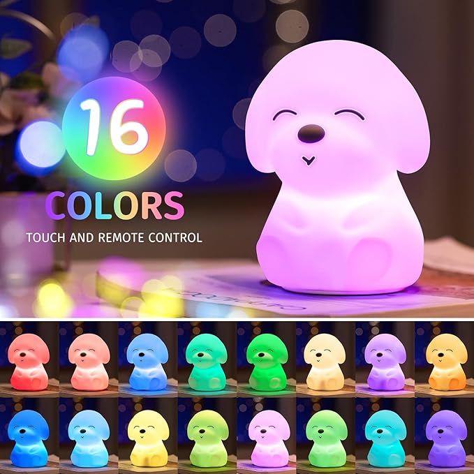 Mubarek Kids Night Light Cute Lamp, Remote+16 Colors Night Lamp for Bedroom, Dimmable Night Light, Timer for Kids Lamp, Battery Operated Kawaii Room Decor,Cute Dog Gifts Small Size