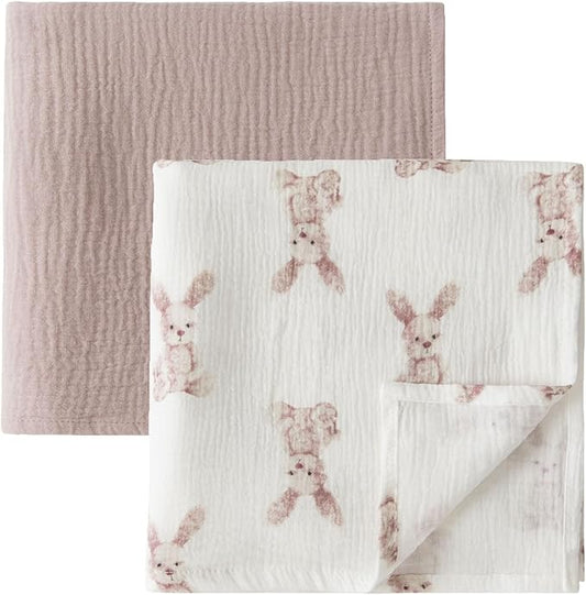 Little Jump 2-Pack Cotton Muslin Swaddle Blankets for Baby Boys Girls - Boho Baby Blanket for Boys & Girls- Large 47 x 47 inches Receiving Blanket Neutral (Bunny)