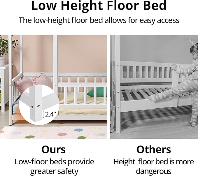 LLS Twin Floor Bed Frame with Fence, Wooden Montessori Bed, House Bed for Boys Girls Bedroom, White