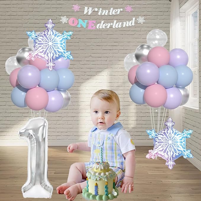 Winter Onederland 1st Birthday, Pink Purple Blue Balloons, Winter Onederland Birthday Decorations For Girls Boys,40 Inch Silver 1 Balloon And Banner for One Year Old BD Decorations