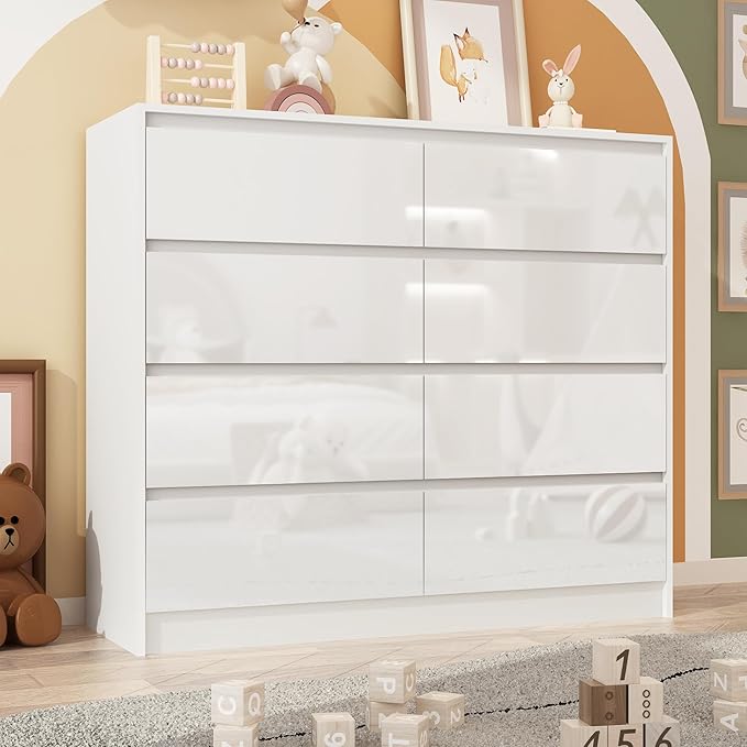 White Malm High Gloss Dresser for Bedroom, 47" Wide 41" Tall Dresser with 8 Drawers, Modern Large Wood Chest of Drawer Handle Free, Living Room, Entryway, Hallway, White
