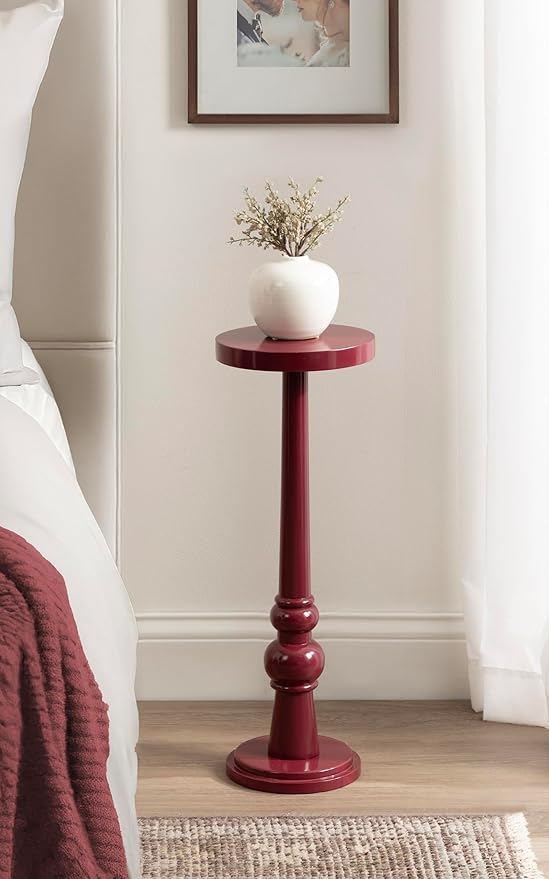 Kate and Laurel Wegner Transitional Wooden Round Drink Table, 8 x 8 x 23, Gloss Red, Modern Durable Pedestal Table for Use as Indoor Plant Stand, or Decorative Living Room Decor Accent
