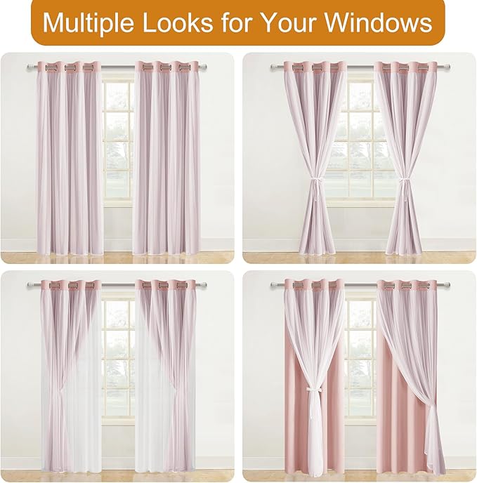 DWCN Layered Curtains for Living Room Blush Blackout and Sheer Curtains Grommet Top Window Treatments with Sheer Overlay for Nursery, Girls Bedroom, 38 W by 84 L, 2 Pieces
