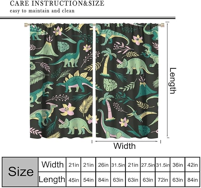 Dinosaurs Blackout Curtains Cartoon Cute Funny Dino Tropical Jungle Green Art Print for Kids Boys Bedroom Living Room Rod Pocket Decoration Window Drapes 2 Panels W27.5xL63in