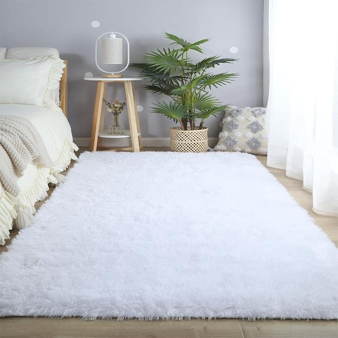 CAIYUECS Shag Area Rug,Indoor Ultra Soft Plush Rugs for Bedroom Living Room, Non-Skid Modern Nursery Faux Fur Rugs for Kids Room Home Decor (4x6 Feet, White)