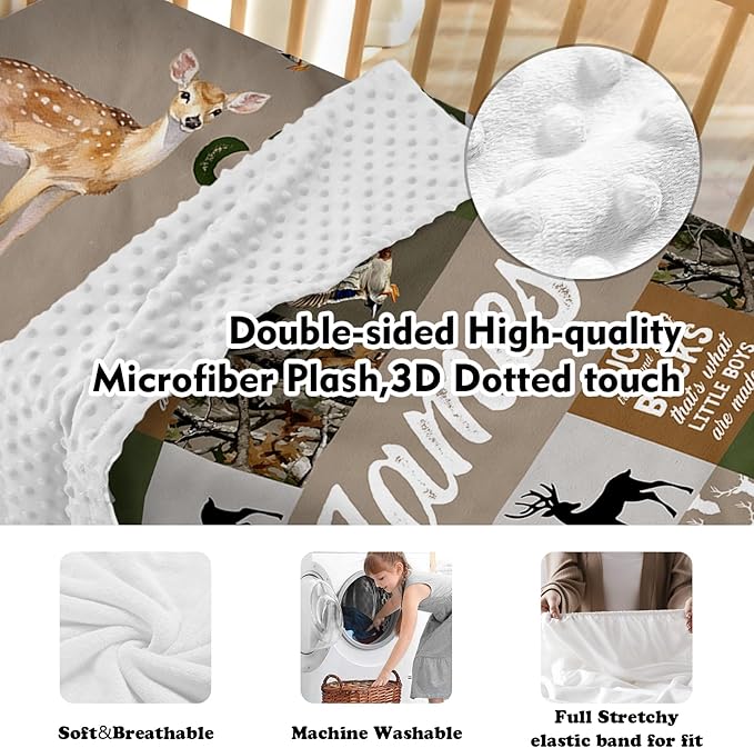 Custom Baby Crib Bedding Set - Green Deer Design Personalized Name Baby Nursery Bedding 3 Pcs Set - Chic Soft Blanket, Fitted Sheet, Room Rug for Newborns Boys Girls Gifts