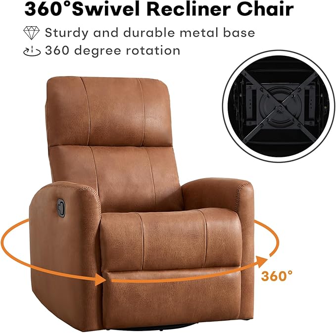 Swivel Rocker Recliner Chair, Manual Faux Leather Glider Rocking Recliners for Adults, 360° Swivel Nursery Reclining Sofa with Padded Backrest for Living Room, Dark Brown