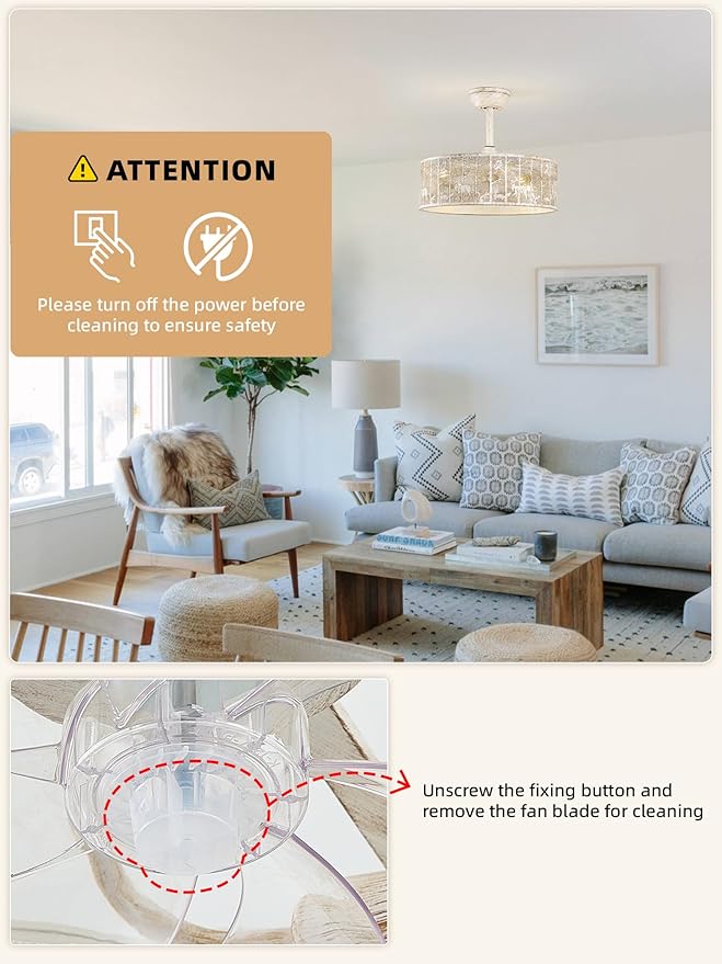 20" Boho Ceiling Fan With Light and Remote, Caged Fandelier Ceiling Fans with Lights, Bladeless Ceiling Fans with 6 Speeds for Bedroom, Nursery, Living Room