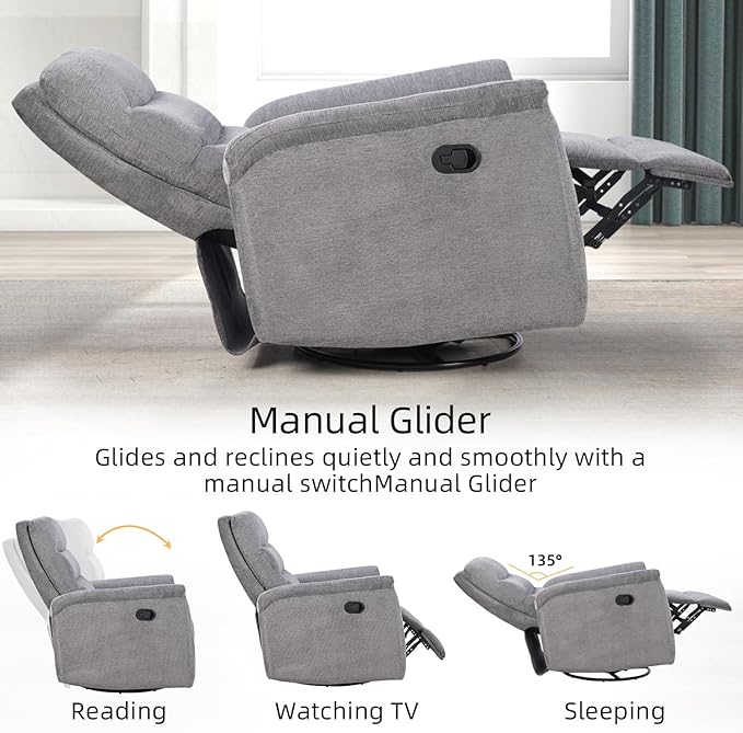 INZOY Swivel Rocker Recliner, Nursery Glider Chair, Manual Chairs Swivel Glider Recliners with Soft Backrest, Fabric Manual Reclining Sofa for Living Room Bedroom Apartment, Grey