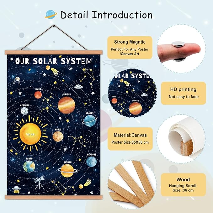 KAIRNE Our Solar System Decor With Wood Magnetic Hanger,Universe Hanging Posters(35X56CM) Outer Space Themed Wall Art,Children Planets Learning Canvas For Kids Boys Bedroom Space Playroom Decor