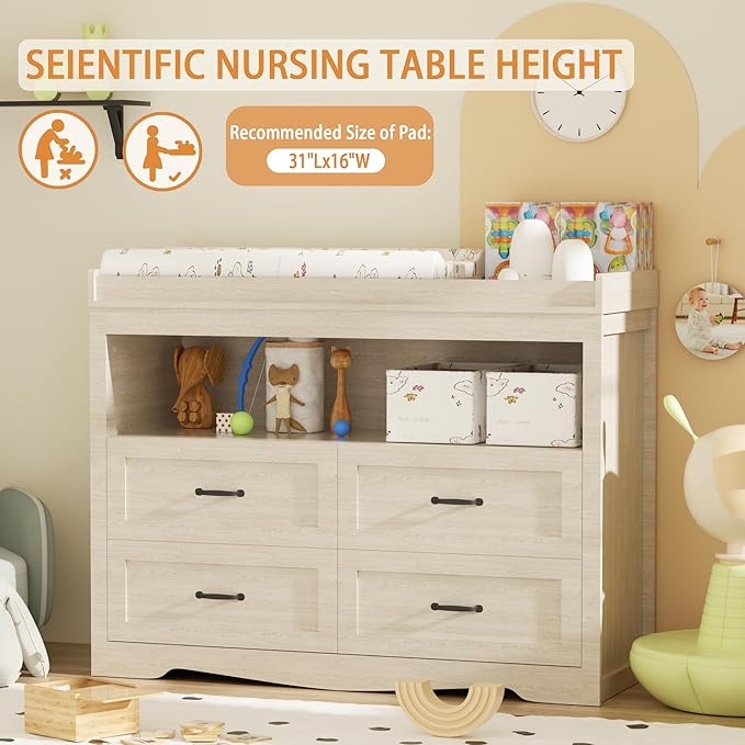 Baby Changing Table with Changing Table Top for Infants Nursery Dresser Chest with 4 Drawers Storage Changing Station Dresser with LED Light Diaper Changing Station Nursery Organizer,Beige