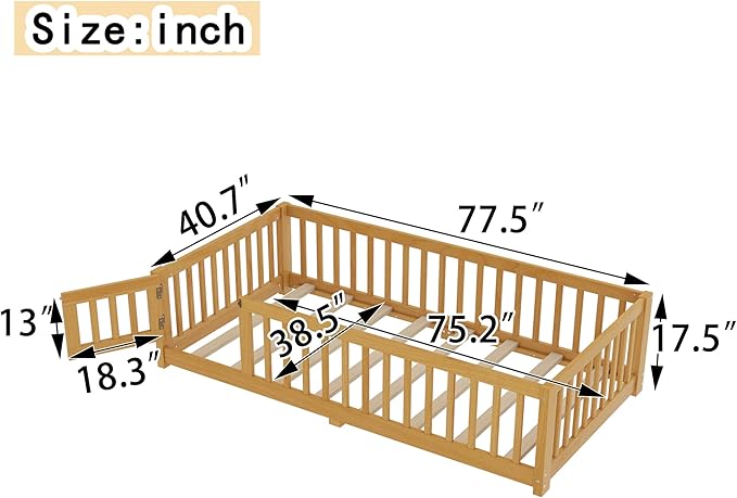 Bellemave Montessori Twin Floor Bed Frame with Fence and Removable Door, Low Profile Twin Size Montessori Bed Frame for Kids, Solid Wooden Floor Beds for Bedroom,Nursery, Natural