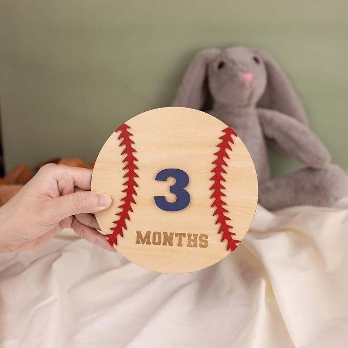 Wooden 3D Baby Monthly Milestone Cards Monthly Milestone Discs Newborn Photography Props Baby Announcement Sign Baby (Baseball)