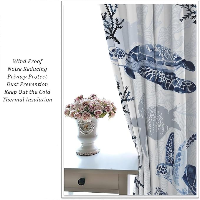 Coastal Nautical Curtains, Turtle Beach Sea Seashell Theme Pattern Blackout Print Home Bedroom Living Room Window Treatmen 2 Panel Set 55x63 Inch