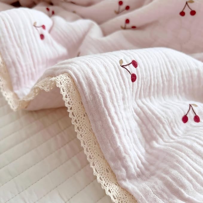 BuLuTu Kids Toddler Muslin Cotton Quilted Blanket 60x78 Inches, Cute Cherry Print Children Comforter for Toddler/Twin Bed, Soft Breathable Boys Girls Quilt, Machine Washable