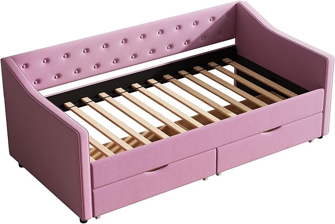 Ball & Cast Twin Size Daybed with Storage Drawers,Linen Upholstered Day Bed Frame with Button Tufted Back and Waved Shape Arms for Bedroom,Guest Room,No Box Spring Needed,Pink