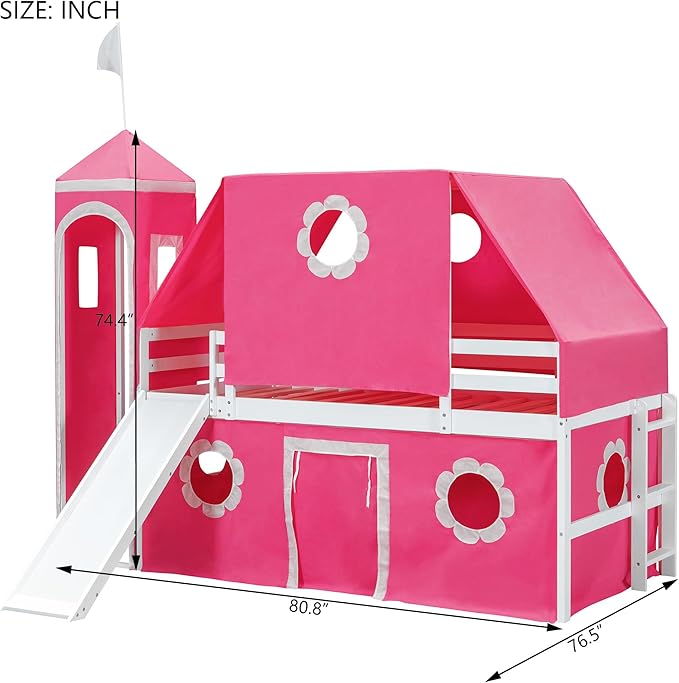 Polibi Castle Loft Bed with Slide & Tent and Tower, Playhouse Design Spacious Under Bed Space with Curtains, Wood Tent Bed Frame for Kids Boys Girls (Pink, Twin)