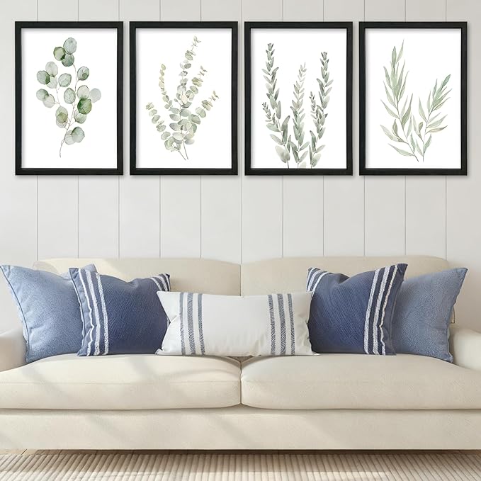 YWJKWLGS Botanical Watercolor Prints Sign Sage Green Eucalyptus Wall Decor 11x16 Inch Set of 4 Minimalist Wood Framed for Bathroom Laundry Room Office Wall Hanging Art (Black)