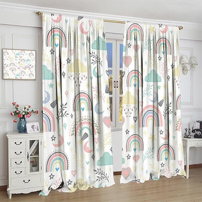 Boho Rainbow Curtains for Kids Nursery Colorful Floral Sun Star Clouds Pastel Bohemian Pattern Print Window Drapes for Girl Bedroom Living Room Kitchen Decor,2 Panel Set,63Wx63H Inch Blackout