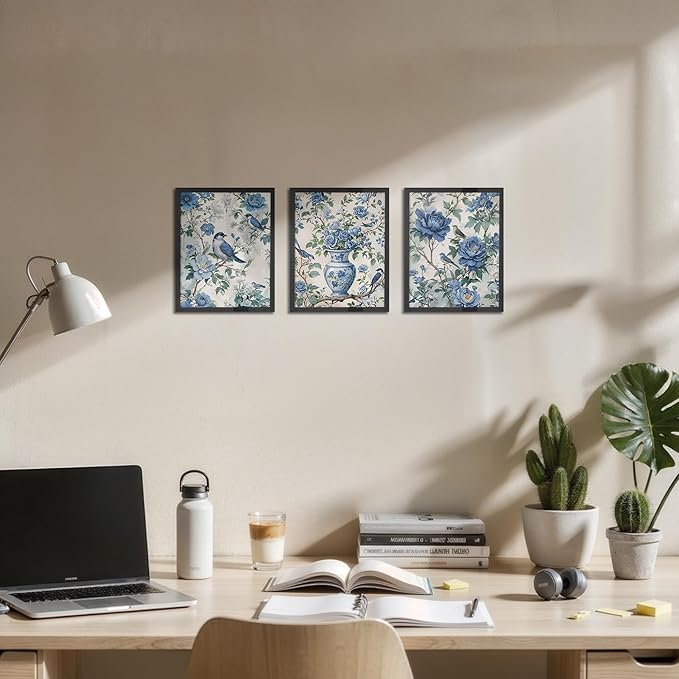 OFJE Vintage Chinoiserie Floral Bird Wall Art Decor Prints Set of 3, Retro Blue and White Grandmillenial Flower Birding Wall Art Posters Decor for Home Bedroom Living Room, 8x10 Unframed