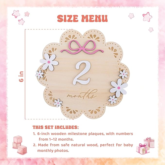 Baby Monthly Milestone Photo Sign, Wooden Floral Design with Pink Bows, Baby Girl Growth Tracker, 1-12 Months (Natural Wood and White with Pink Accents)
