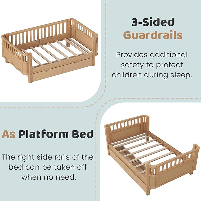 Twin Bed Frame with Rails for Kids, Wood Montessori Bed Twin with 2 Storage Drawers &Slats Support, Modern Daybed with Removable Bed Rails for Girls Boys Bedroom Living Room, Natural