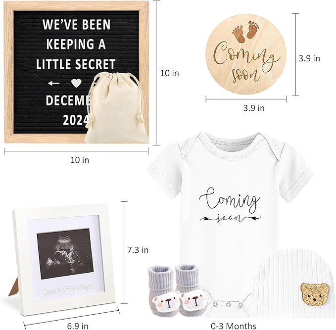 Pregnancy Announcement, Baby Announcements Ideas Set Include Announcement Board, Baby Onesie, Baby Booties, Beanie Hat, Photo Frame and Wood Sign, Baby Coming Soon Announcement Baby Announcement Props