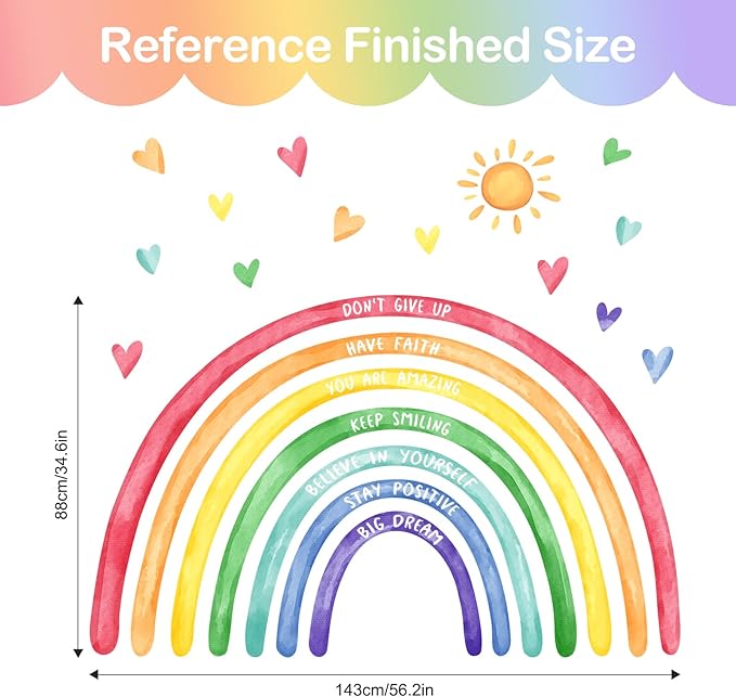 Tanlaby 56x35'' Large Rainbow Wall Decals Inspirational Quote Rainbow Wall Stickers Peel and Stick Stickers Waterproof Wallpaper for Girls Kids Bedroom Nursery Playroom Classroom