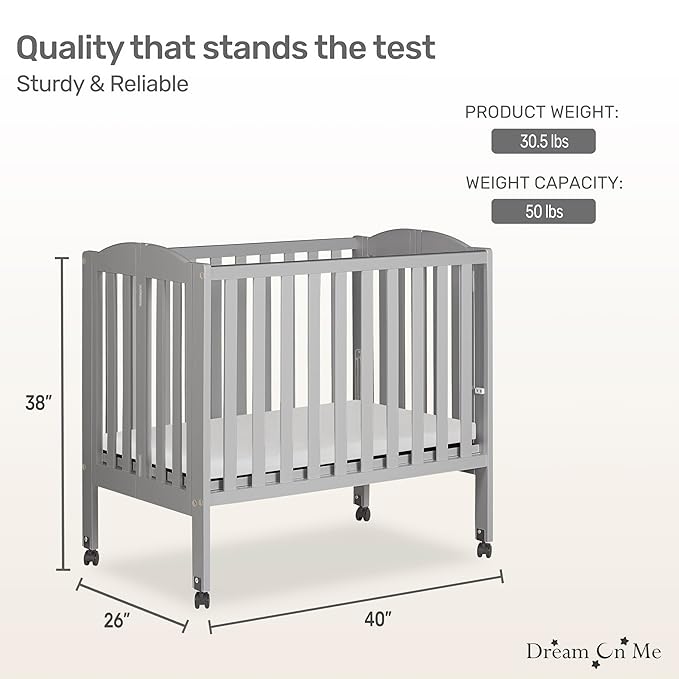 Dream On Me 2 in 1 Folding Portable Crib in Cool Grey, Greenguard Gold Certified , 40x26x38 Inch (Pack of 1)