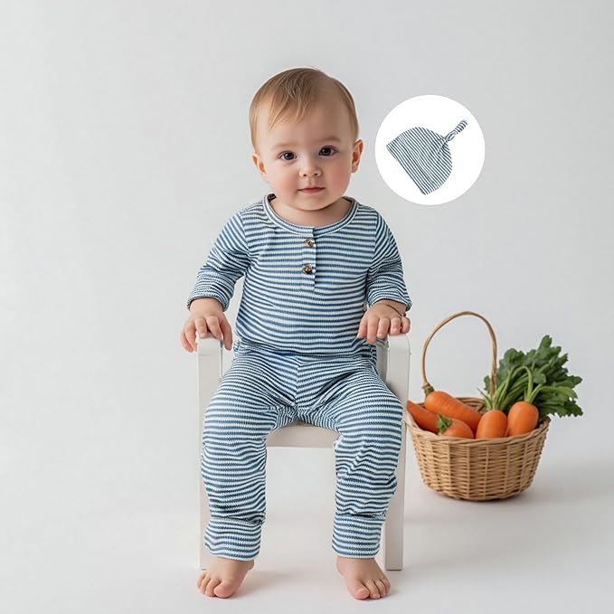 Infant Boys Fall Clothes Newborn Baby Romper Hat Stripe Knit Long Sleeve Bodysuit Jumpsuit Baby Going Home Outfit