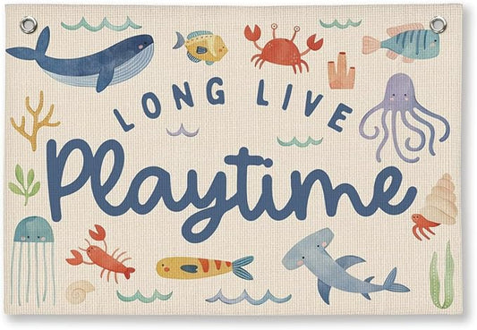 Playroom Wall Decor, Ocean Nursery Kids Toddler Boy Playroom Decor Hanging Linen Banner,Play Room Wall Decorations for Kids Boys Nursery, 20x30 Inch