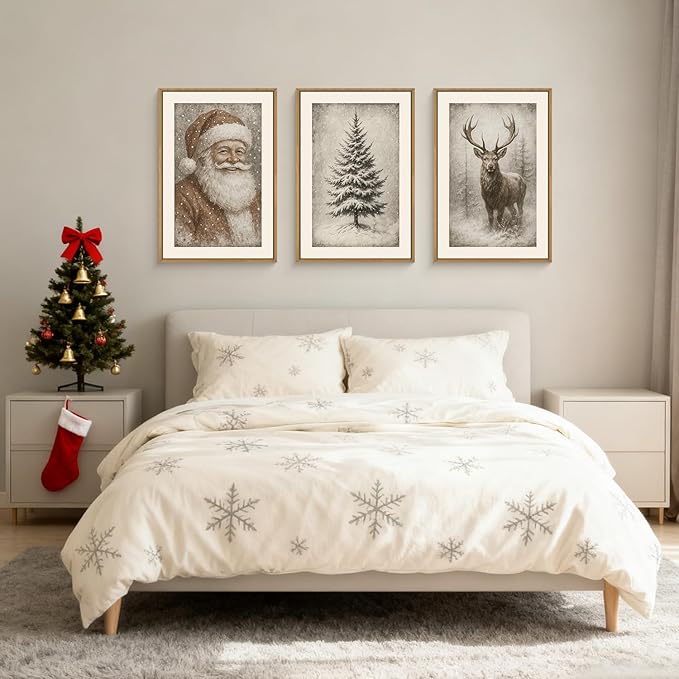 HLNIUC Large Vintage Christmas Framed Wall Art Set of 3, Santa Claus Reindeer Decor, Snowy Xmas Pine Tree Neutral Canvas Art(24x36), Farmhouse Rustic Sketch Prints for Living Room, Bedroom, Office