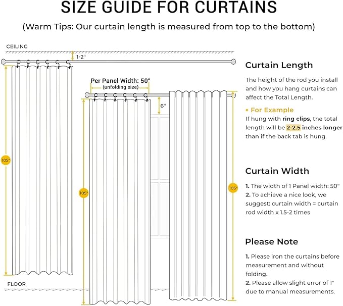 INOVADAY 100% Blackout Curtains for Bedroom, Black Out Curtains 105 Inch Long, Clip Rings Linen Blackout Drapes, Thermal Insulated Room Darkening for Living Room, 2 Panels - Cream,W50xL105