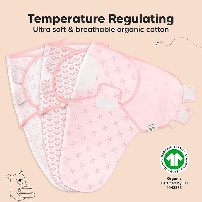 3-Pack Organic Baby Swaddle Sleep Sacks - Swaddles for Newborns, Infant 3-6 Months, Baby Girls, Boys, Soft & Snug Newborn Sleep Sack, Nursery Swaddling Blankets (Blossom, L)