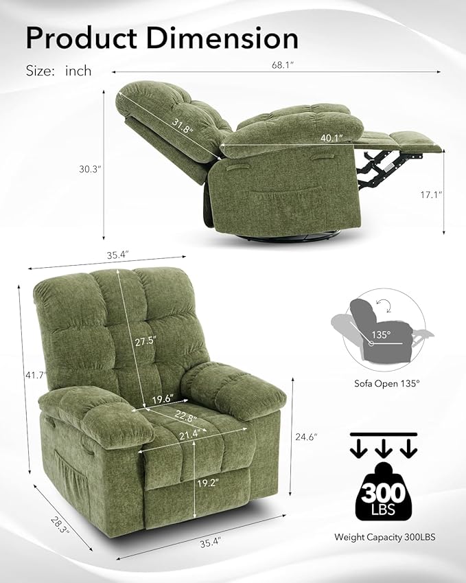 Swivel Recliner Chair, Upholstered Fabric Comfy Rocking Chair, Sturdy Q235 Steel Frame Nursery Glider, 300 LBS Capacity, for Small Spaces, Living Room, Bedroom, Green