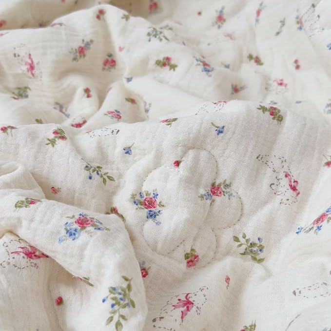 BuLuTu Pink Floral Kids Blanket for Todder/Twin Bed Muslin Cotton Comforter for Girls Boys, Soft Breathable Quilted Blanket Cute Sheep Pattern Toddler Quilt for All Seasons, 60x78 Inches
