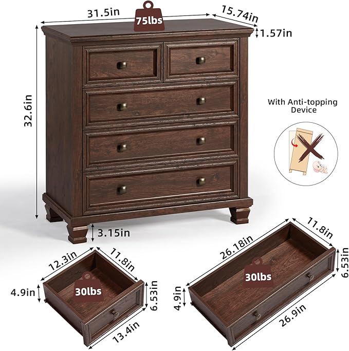 Farmhouse 5 Drawer Dresser Set of 2, 32.6 Inch Tall Vintage Chest of Drawers for Bedroom, Rustic Small Dressers w/Square Solid Wood Legs, Mid Century Storage Organizer for Hallway, Walnut